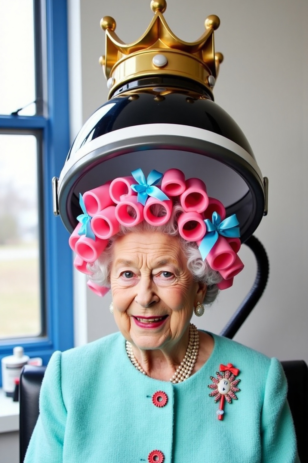 Queen Elizabeth II is under a hair dryer that looks like a crown,  with curling curlers and pink curling hair. The curlers...