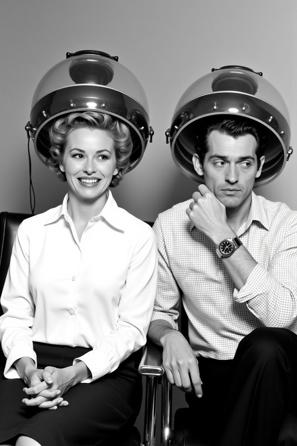 a black and white vintage photo of,  two women are seated in a chair,  each with their hair styled in a round on Tensor.Art