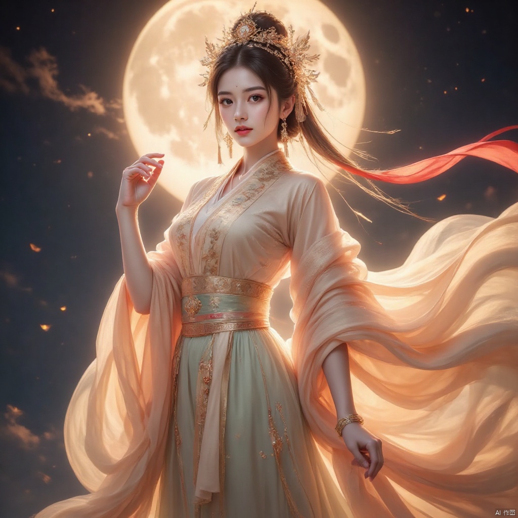 The woman in the picture is dressed in gorgeous ancient Chinese costumes, with a bright moon in the background, creating a classical atmosphere. Women's clothing includes exquisite headdresses, embroidered blouses and flowing shawls, showing the delicacy and elegance of traditional Chinese clothing. This style of clothing was common among court ladies or aristocratic women in ancient China and has a strong historical and cultural heritage.,A beauty in ancient China