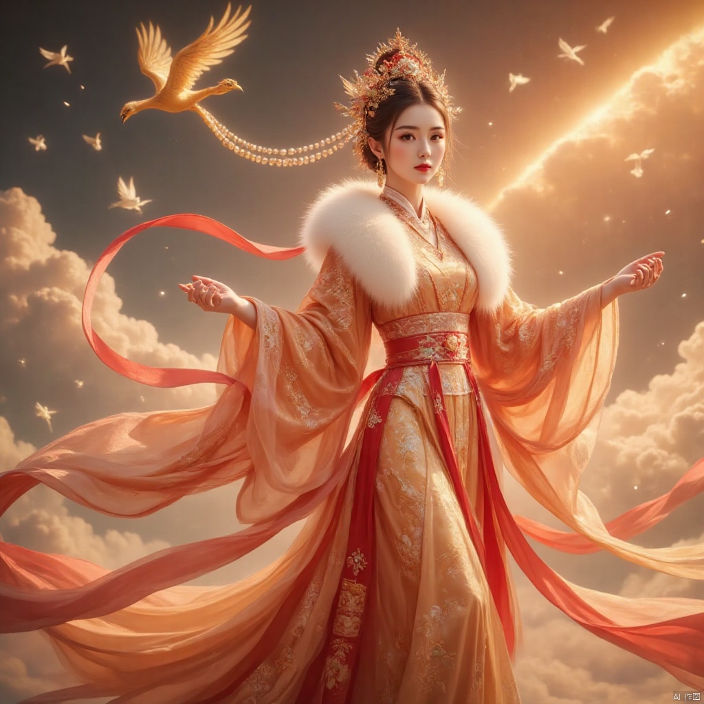 She wore a long vermilion silk dress with fine golden cloud patterns embroidered on the skirt, making her walk look like flowing sunset. There is a silk ribbon inlaid with gems tied around the waist, and pearls are shining in it, like stars dotting the waist. She wears a brocade cloak trimmed with ferret fur. The mink fur is whiter than snow, soft and has a faint luster. When the wind blows, the corners of the clothes flutter slightly, making her look very noble.
 
She is wearing a short coat made of moon-white damask. The collar and cuffs of the coat are embroidered with complex floral patterns with silver thread. There is also a carved mutton-fat jade brooch pinned to the collar. The warm jade color contrasts with the fair skin. . Between her arms hung crimson gauze sleeves as thin as cicada wings, with continuous flying birds embroidered with gold thread, as if they could fly away with a slight flutter of wings.
 
Wearing a phoenix crown made of red gold, inlaid with red sapphires and cat's eyes, in the center is a phoenix spreading its wings and about to fly. The tail of the phoenix is ​​strung with pearls. Each pearl is round and full, exuding a soft halo. . A row of pearl tassels hung in front of her forehead, swaying gently as she moved, casting mottled light and shadow on her smooth forehead. A pair of emerald earrings hung from her ears. They were emerald in color and carved into an exquisite lotus shape, which complemented her makeup perfectly. This appearance is like a fairy walking out of a painting, showing the nobility and magnificence of ancient women