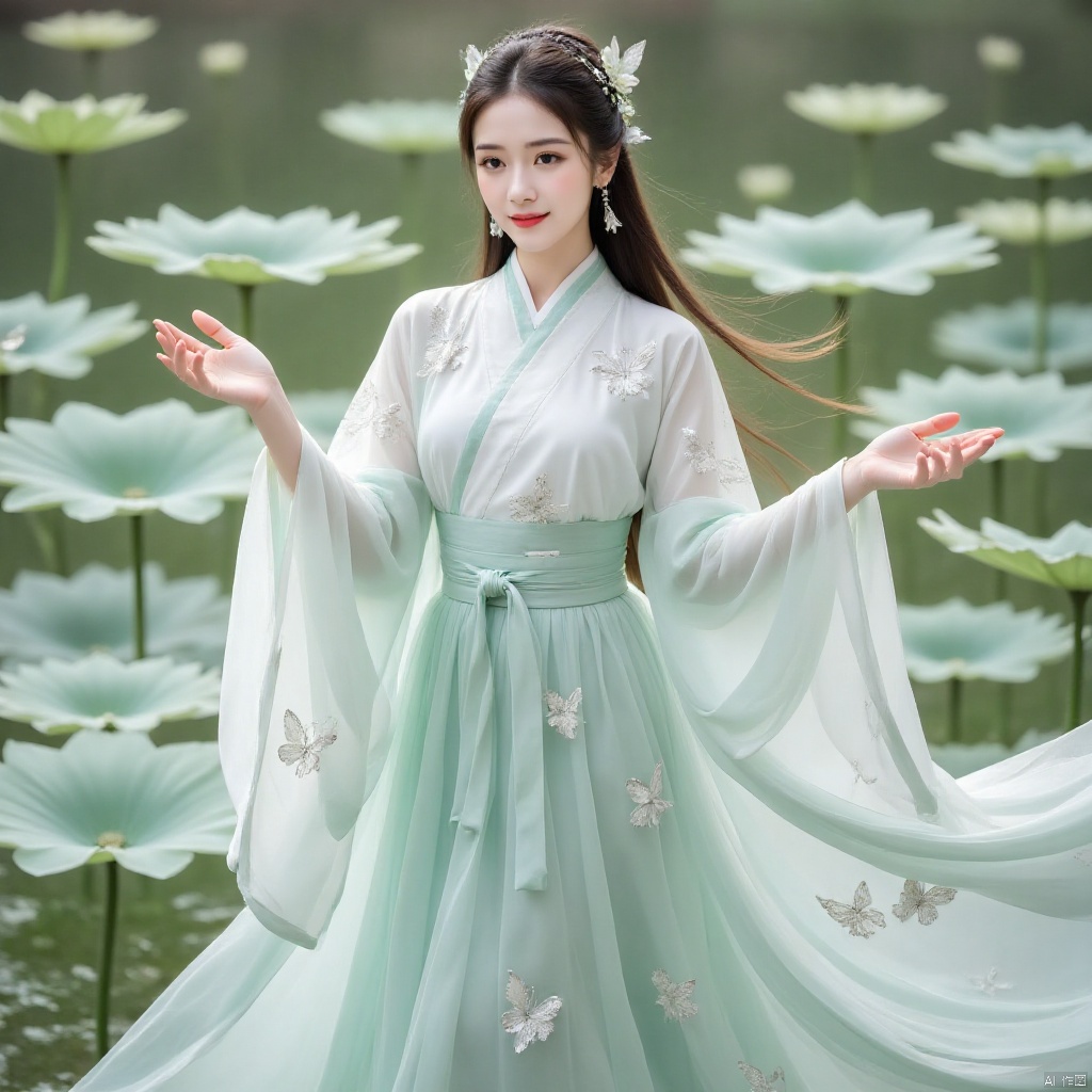 She was wearing a light green skirt, the hem of which spread out as lightly as a lotus leaf. The skirt was embroidered with delicate floral flowers and lively butterflies with silver thread. As she moved, it seemed as if butterflies were dancing among the flowers. Dance. There is a white ribbon tied around the waist, which flutters in the wind, making her figure even more graceful.
 
Wearing a white double-breasted blouse with light blue piping on the collar and cuffs, it looks like a mountain stream, fresh and elegant. Thin light green gauze sleeves hang between her arms, with faint cloud patterns embroidered with silk thread. When she raises her hands and feet, the gauze sleeves flutter, just like a fairy in the clouds.
 
Her hair hangs down behind her like a waterfall, and is only gently pulled up with two light blue ribbons on both sides of her head. The ends of the ribbons hang down to her shoulders, swaying in the wind. There were a few strands of fine bangs in front of her forehead, which decorated her round and smooth forehead. There were several small silver butterfly hairpins pinned between her hair. As she moved, little bits of silver light flashed, echoing the butterflies on her skirt.
 
Her face is as white as jade, her eyes are as clear as water, as if they are hiding thousands of stars, and her eyes are full of agility and innocence. The red lips were red, and the slightly raised corners of the mouth contained a smile, which made people feel like spring breeze. She stood there, just like a lotus blooming in the morning, fresh and refined, without any trace of earthly fireworks, exuding a light and ethereal temperament, like an elf falling from fairyland to the mortal world.