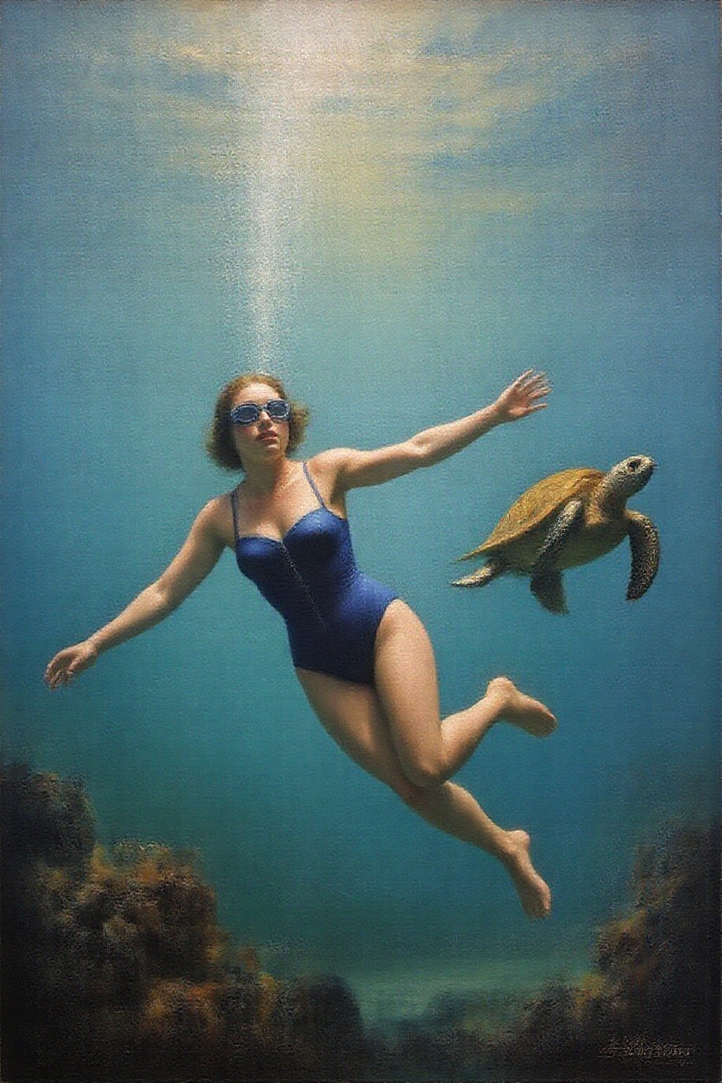 janver1 oil painting of a woman swimming underwater. The woman is wearing a blue one piece swimsuit,  and she is wearing g...