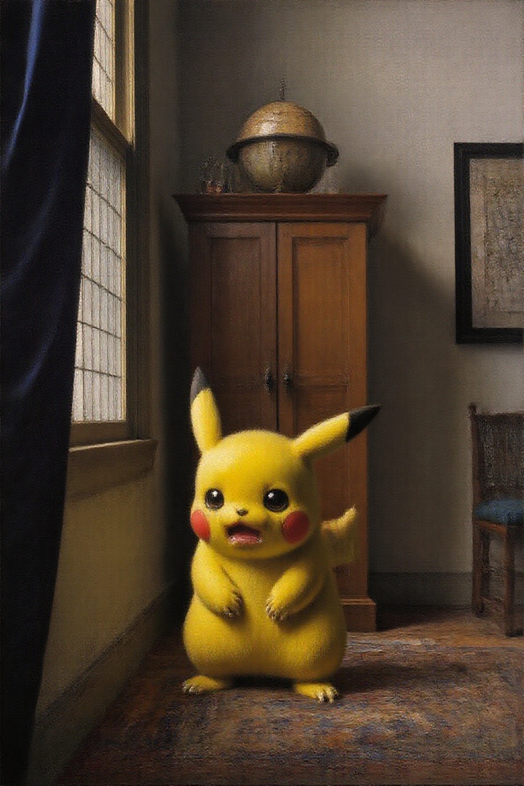 janver1 oil painting. Pikachu crying,  large tear drops on his face,  In the background on Tensor.Art