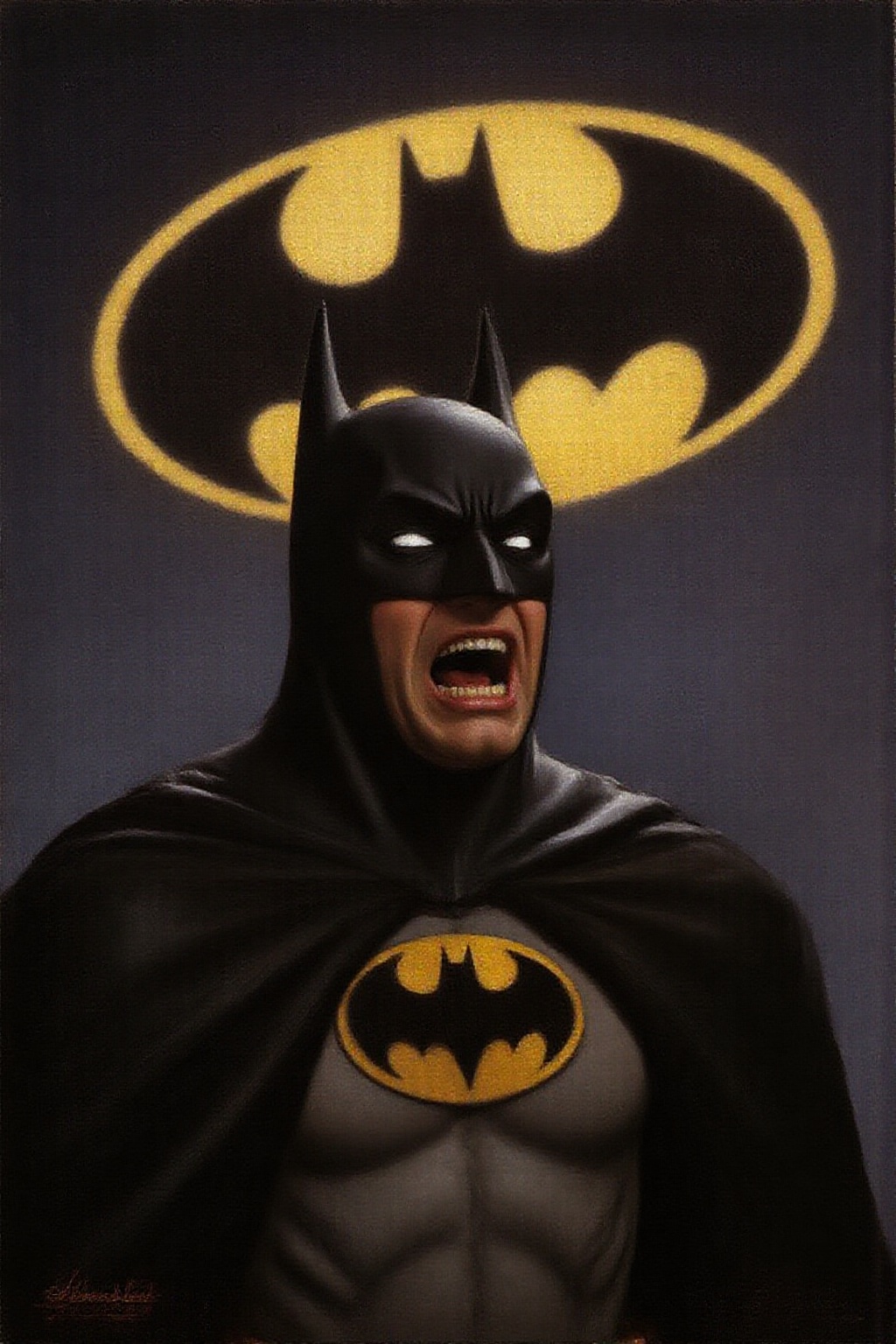 janver1 painting Batman shouting angrily. Background is the bat signal on a dark night sky. on Tensor.Art