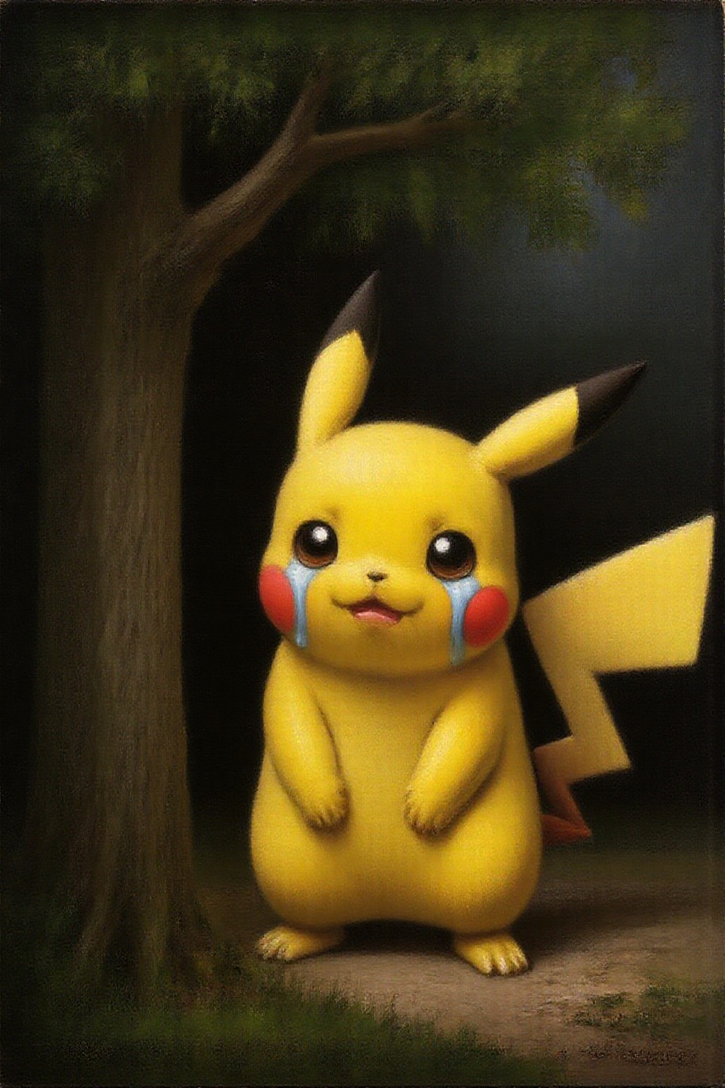janver1 oil painting. Pikachu crying,  large tear drops on his face,  under a green tree on Tensor.Art