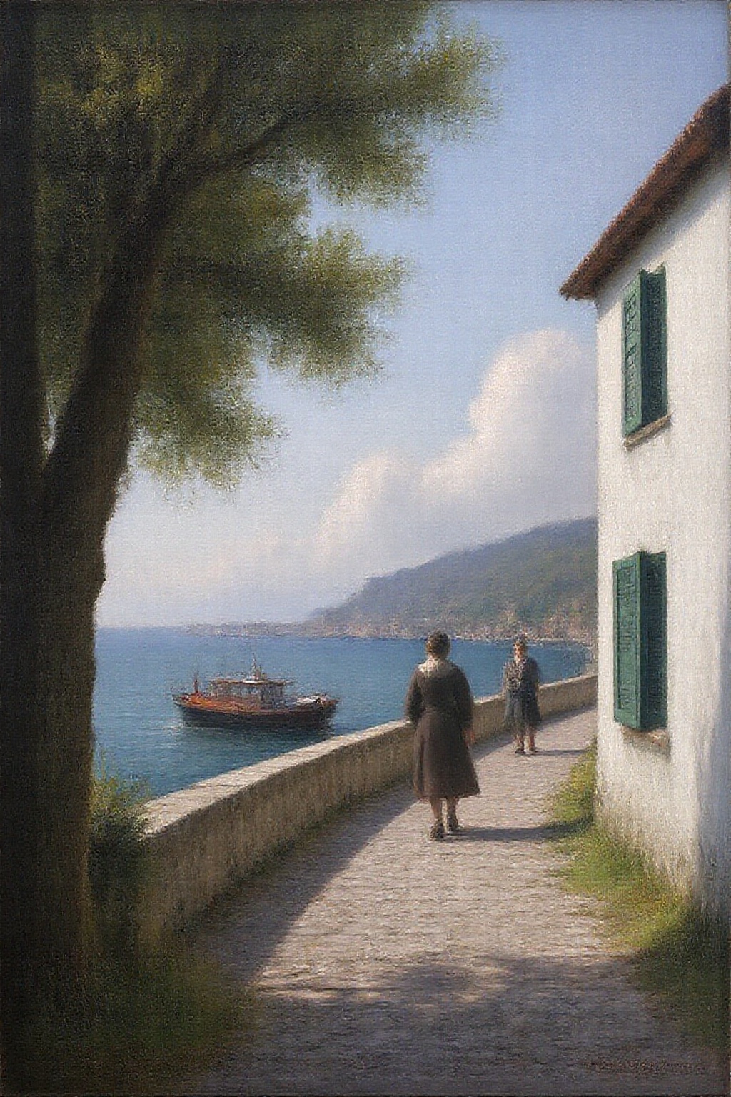 janver1 oil painting. a coastal scene is depicted in a close-up perspective. The scene is painted in shades of blue,  gree...