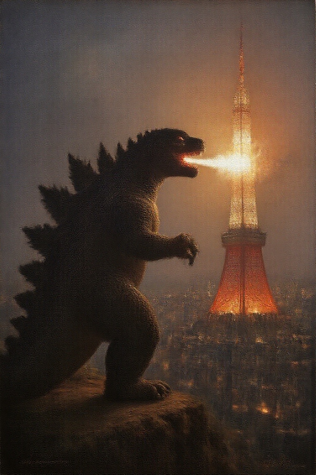 janver1 oil painting of Godzilla breathing fire on Tokyo Tower on Tensor.Art