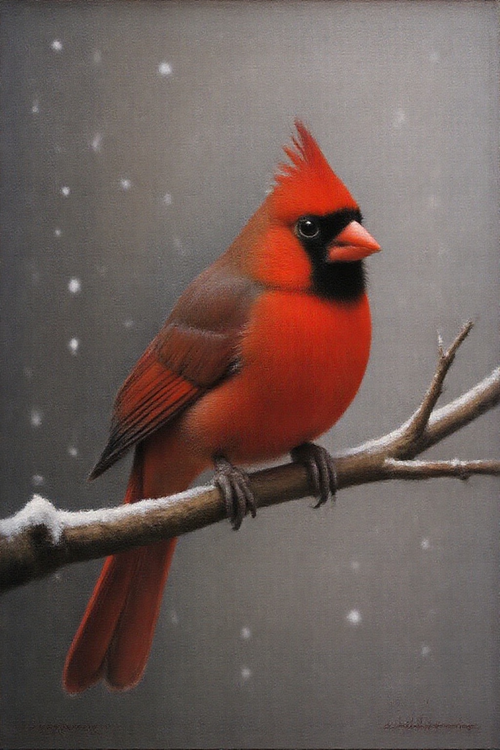 janver1 oil painting. a red cardinal perched on a branch during a snowstorm on Tensor.Art
