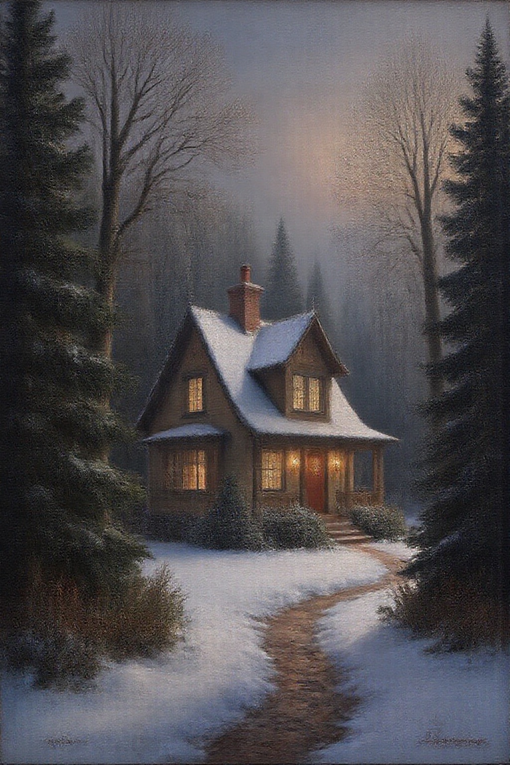 janver1 oil painting. a beautiful house at christmas,  snowing,  forest background on Tensor.Art