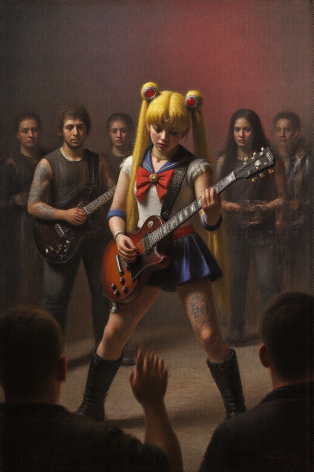 janver1 painting of punk sailor moon playing a guitar at a heavy metal mosh pit,  tattoos,  pearcing on Tensor.Art