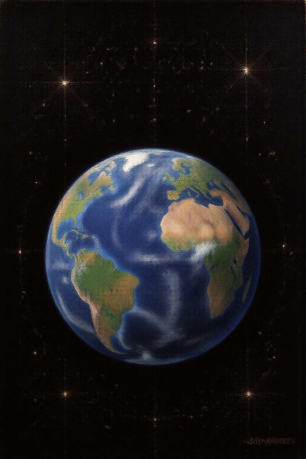 janver1 oil painting. View of planet Earth. The vibrant blues of the oceans swirl with dynamic brushstrokes,  contrasted b...