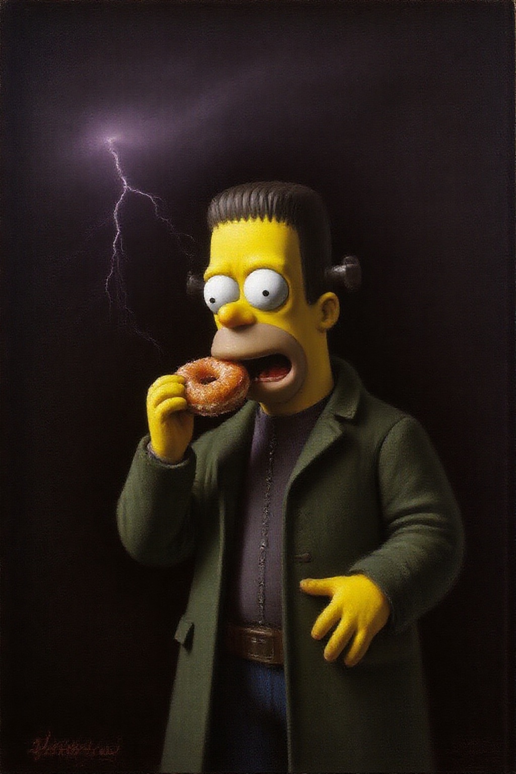 janver1 oil painting. Homer Simpson dressed as Frankenstein,  eating a doughnut during a thunderstorm on Tensor.Art
