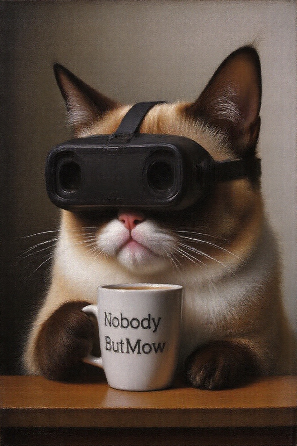 janver1 painting Grumpy Cat drinking coffee,  wearing a VR Headset. The mug has the phrase "NobodyButMeow" printed on Tens...
