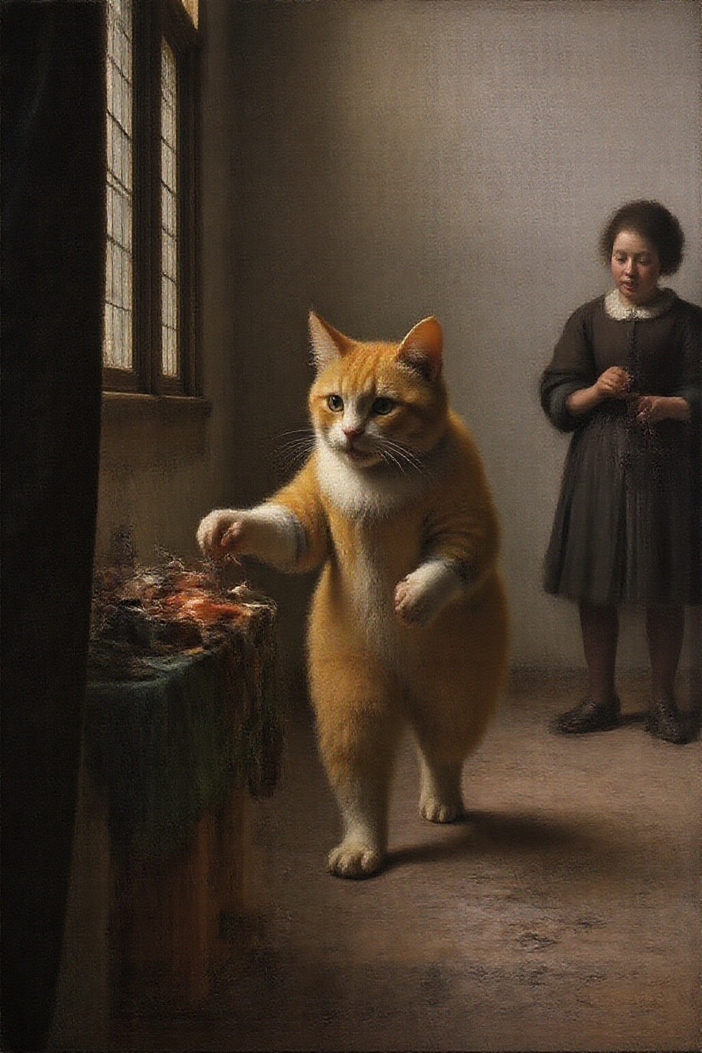 janver1 painting of a golden tabby stealing a fish,  running away in a market on Tensor.Art