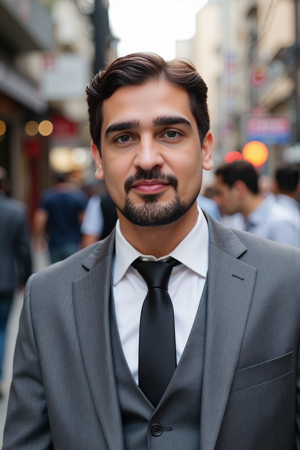 RAW photo,  full body portrait of a beautiful man with a beard in a grey suite,  he stands in a crowded street with tangle...
