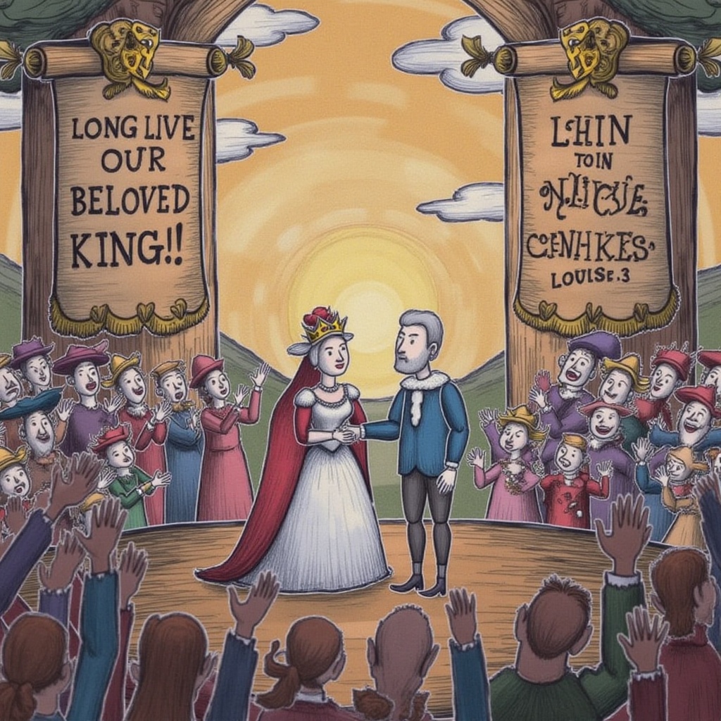 the King's loyal followers gather,  bearing ornate banners emblazoned with heartfelt phrases: 'Long live our beloved King!...