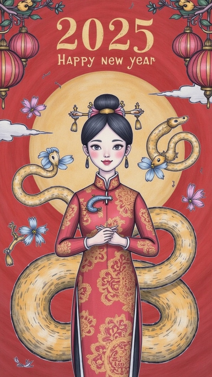 A Vietnamese New Year poster celebrating the Year of the Snake,  inspired by Japanese ukiyo-e and watercolor art styles. T...