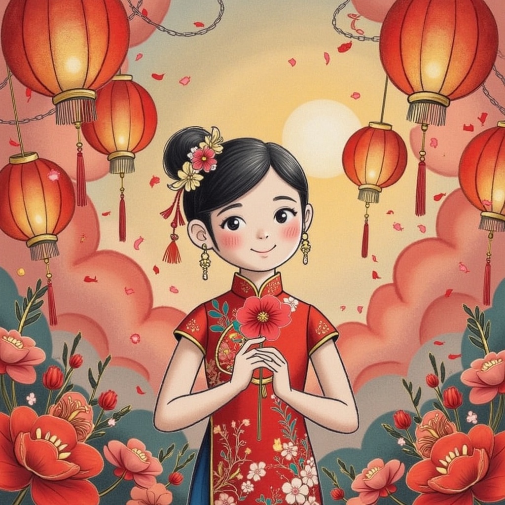 A young girl,  adorned with ornate áo dài and delicate accessories,  poses confidently against a backdrop of intricately d...