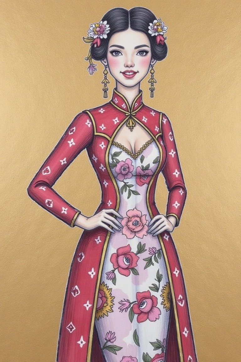 A stunning fashion design drawing,  young woman,  radiant with confidence on Tensor.Art