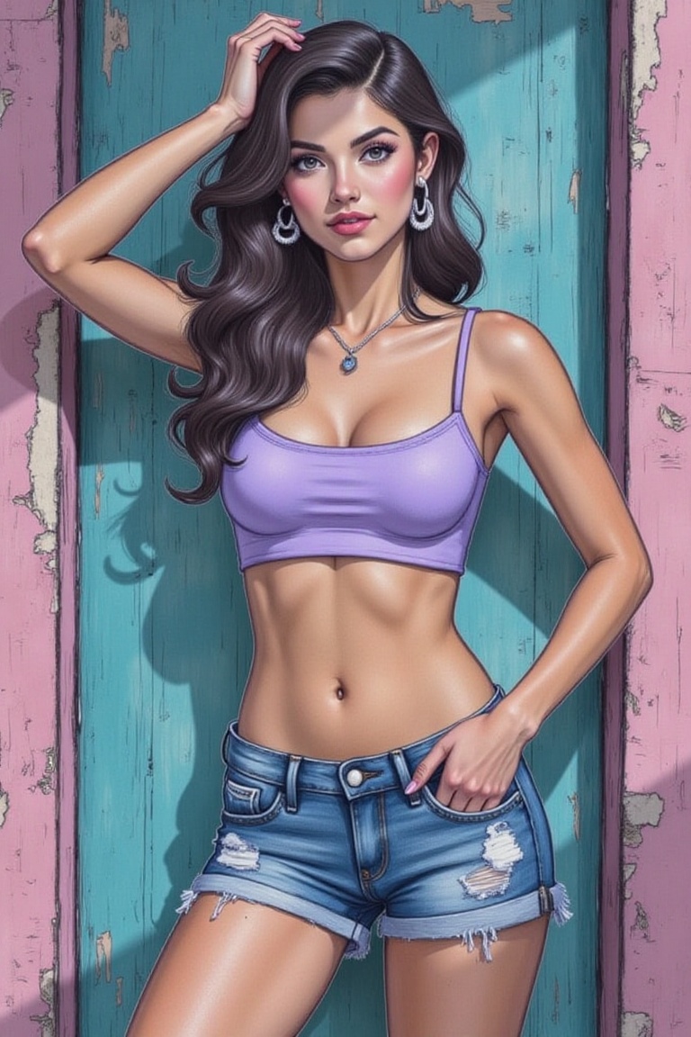 A digital painting of a young woman with wavy dark hair wearing a lavender crop top and distressed denim shorts,  leaning...