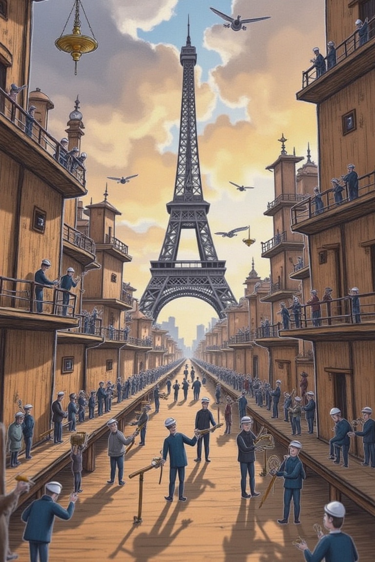 Miniature workers busily toil amidst a sprawling,  intricately detailed model of the Eiffel Tower,  their tiny hands and t...