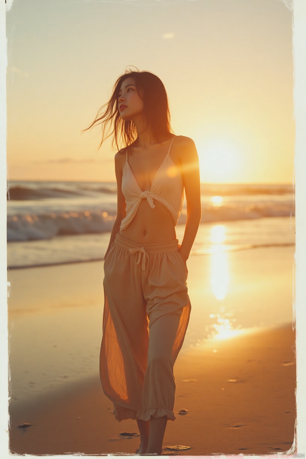 OBbllai,
Medium shot of a Chinese woman with a peaceful expression standing on a beach at sunset, from head to knees. She wears casual, flowing beach attire and looks out at the ocean. The WT polaroid filter gives the image warm tones. The setting sun and the waves blur softly in the background, creating a shallow depth of field and emphasizing her serene presence.