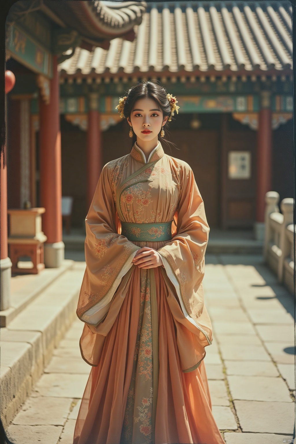 OBbllai,
Full shot of a traditional Chinese woman standing in a temple courtyard, head to toe. She wears an ornate, richly embroidered Hanfu and has a respectful expression. SP polaroid filter adds a vintage feel with sepia tones. The intricate details of the temple blur softly in the background, creating a shallow depth of field and emphasizing her serene presence.