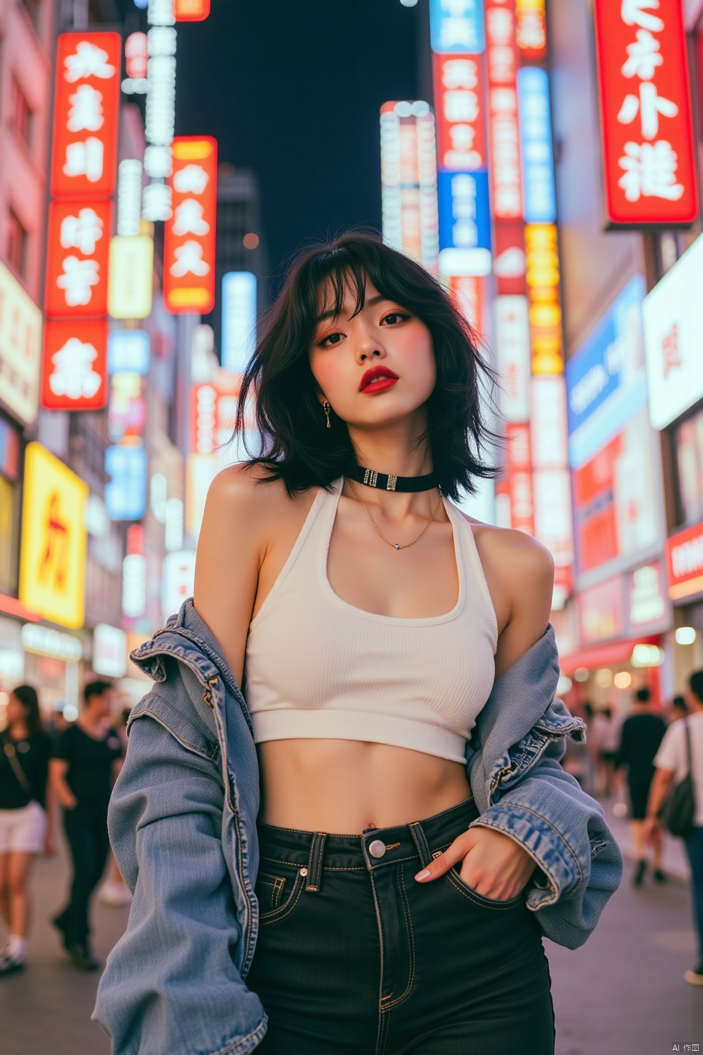 OBbllai,  Light leakage polaroid filter,
This is a high-resolution photograph of an Asian woman standing confidently in a bustling urban street scene, likely in a city with a vibrant Asian culture. The woman, with a slim, athletic build, has shoulder-length black hair that is slightly tousled, framing her face. She wears bold red lipstick, striking makeup, and a black choker necklace. Her outfit consisted of a white halter top that reveals her midriff, paired with a Loose fitting oversized blue denim jacket and high-waisted, loose-fitting black jeans with a slight taper. Her jeans have a subtle, textured pattern.The background features a dense array of colorful, vertical neon signs in various languages, creating a vibrant, energetic atmosphere. The signs are predominantly red, blue, and yellow, with some featuring Chinese characters. The street is lined with buildings of varying heights, with a mix of modern and traditional architecture. The scene is bustling with pedestrians, some of whom are blurred due to the shallow depth of field, which keeps the focus on the woman. The overall mood of the image is edgy and fashionable, capturing a modern, urban lifestyle.