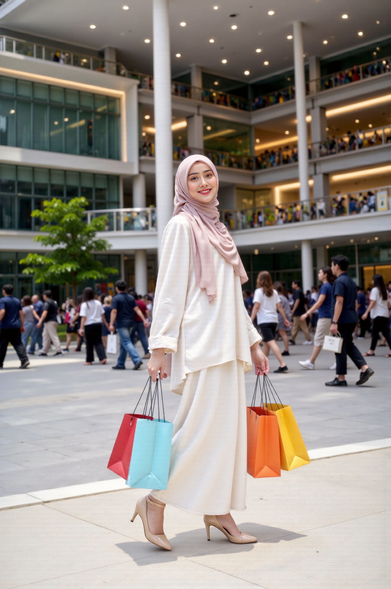 joyfull hijab young woman shopping and walking in front of futuristic mall,  very happy,  a lot of shopping bags on Tensor...