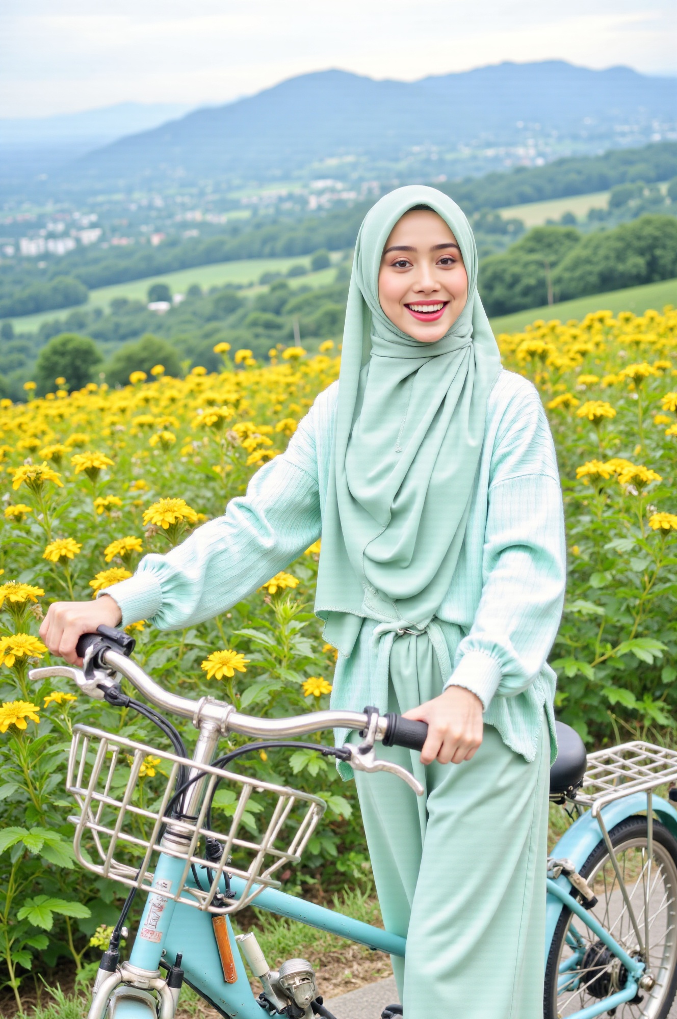 joyfull hijab young woman riding a light blue bike at the flower field on top of the mountain,  mint green outfits,  very...