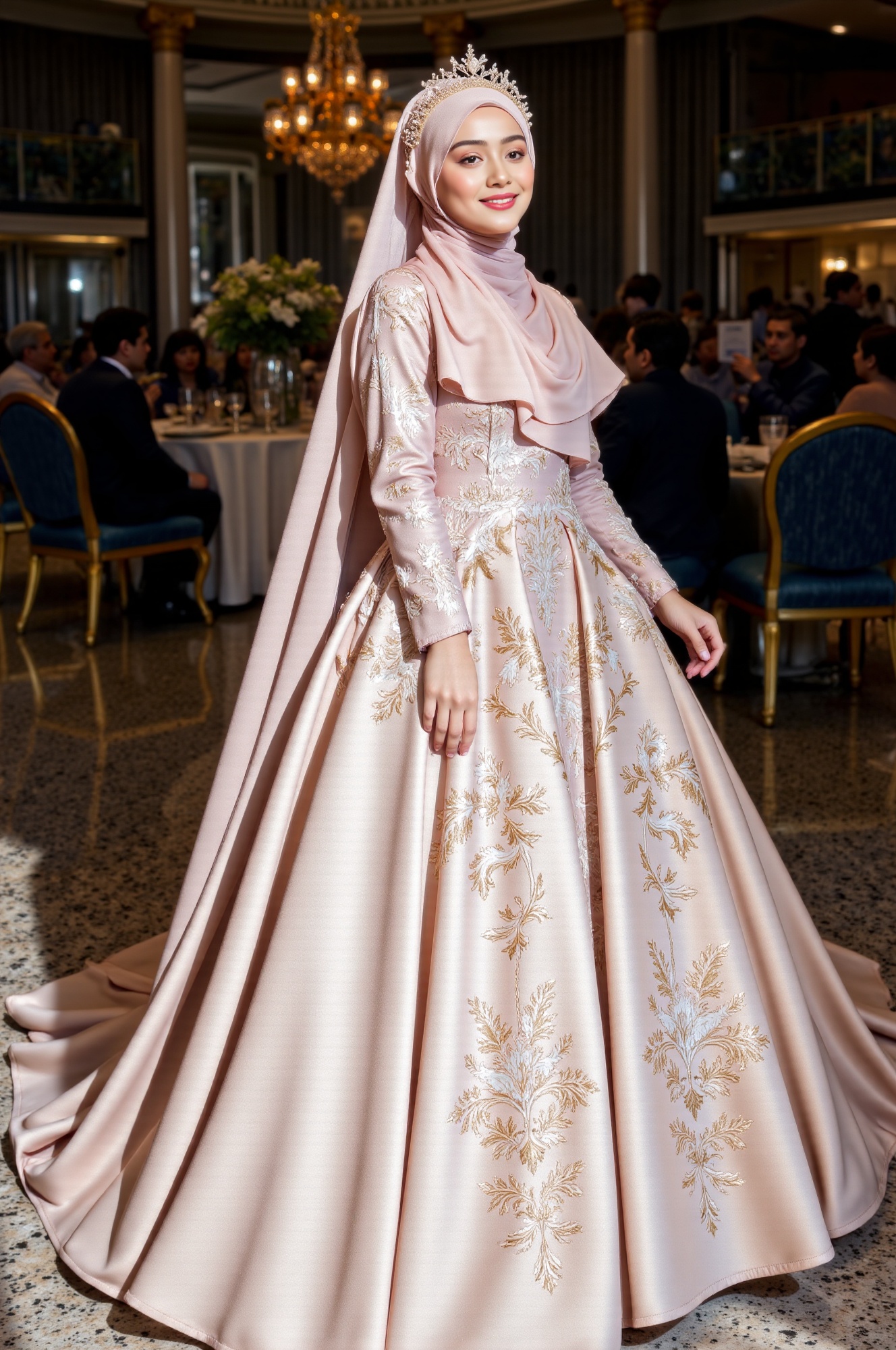 joyfull beautiful hijab-wearing woman named Hanna,  adorned with a flower tiara and a long lace veil,  wearing a glamorous...