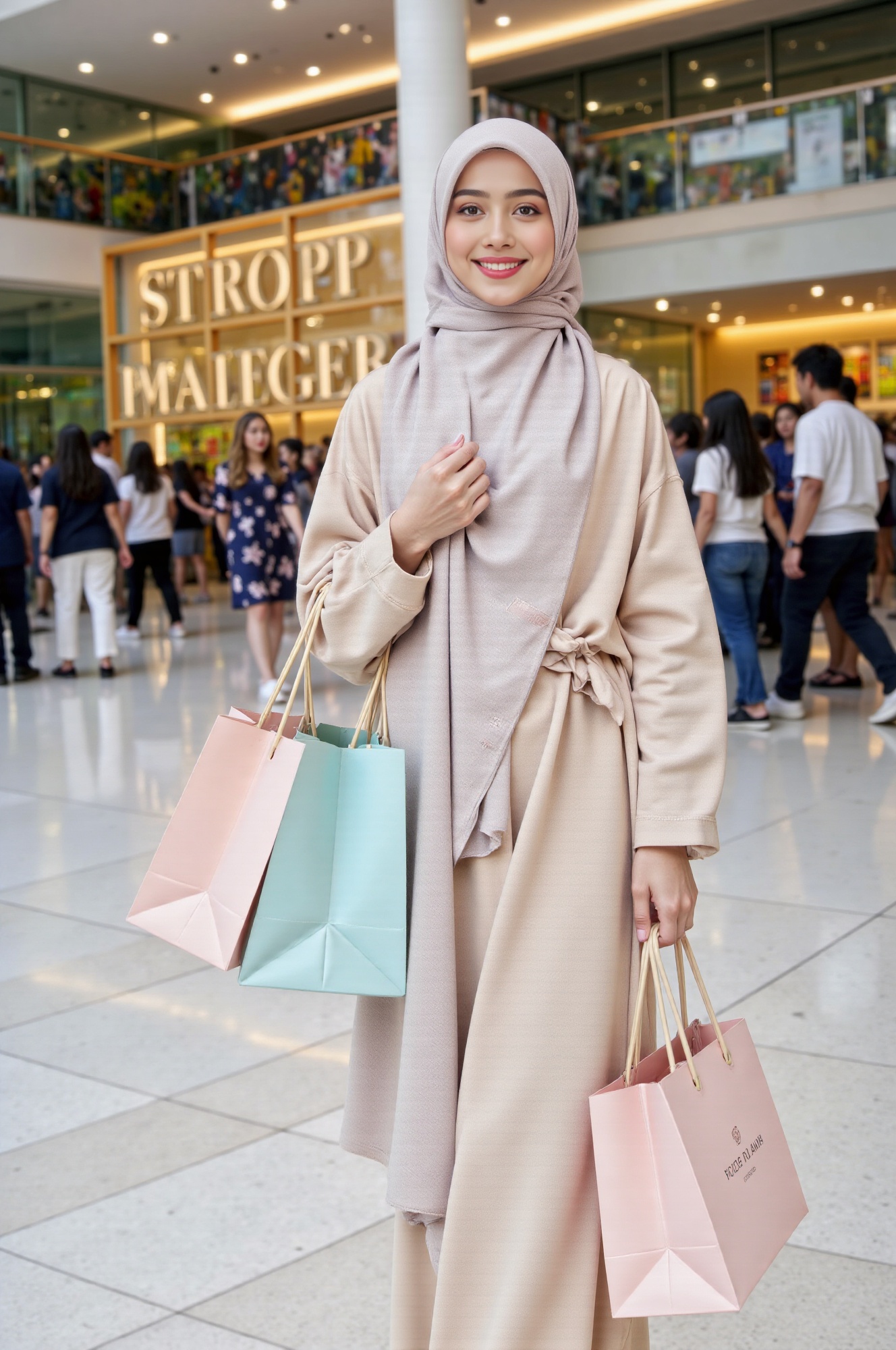 joyfull hijab young woman shopping at mall,  very happy,  a lot of shopping bags on Tensor.Art