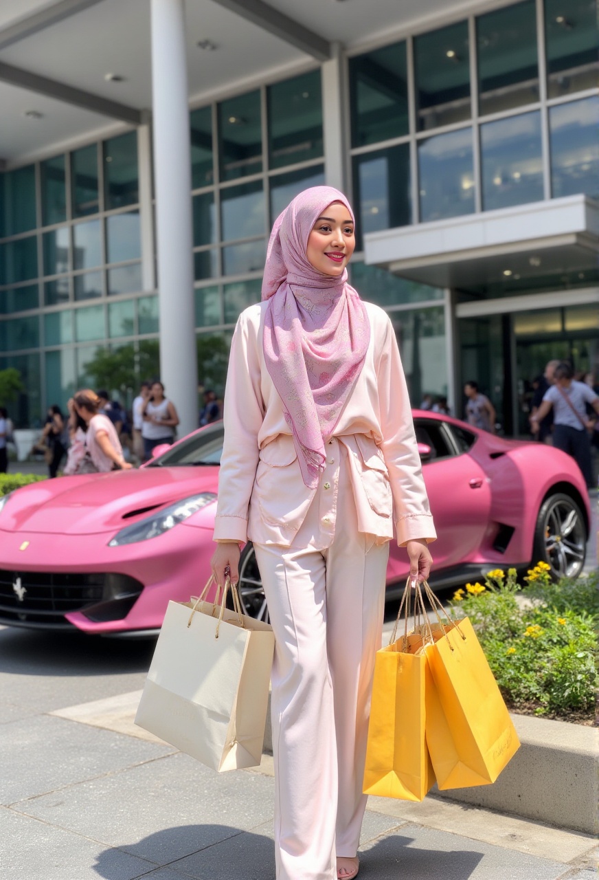 A joyous hijabi young woman beams with delight as she loads an abundance of shopping bags into the sleek,  pink Ferrari pa...
