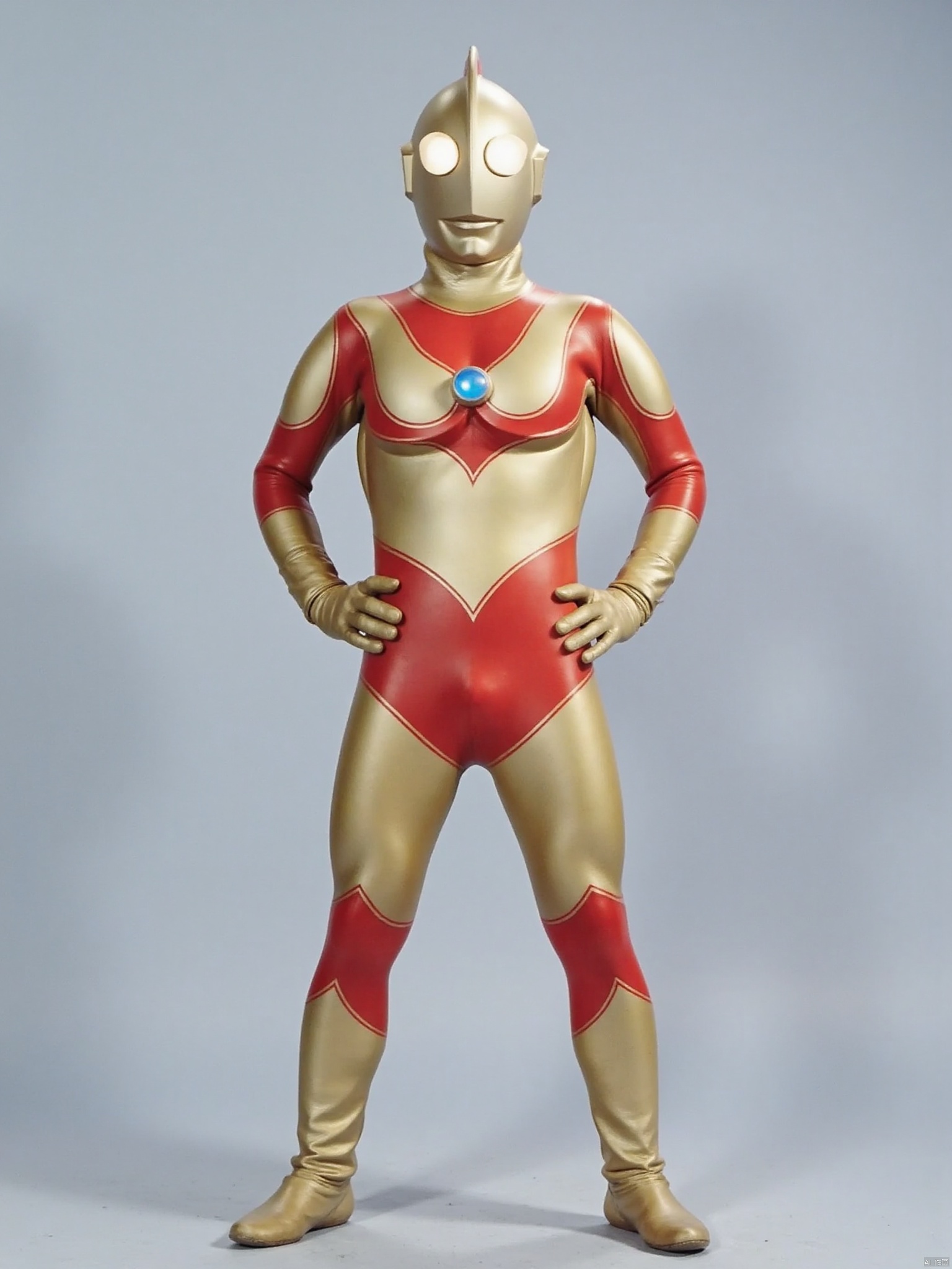 (grey background:1.2),looking at viewer,(SOLO:1.4),outline,simple background,full body,looking at viewer,(((arms at side))),ultraman,golden bodysuit,golden gloves,legwear,gloves,boots,cover,mask,plugsuit,armor,bodysuit,red pattern on body,golden tight-fitting,golden footwear,helmet,leather suit,latex,tokusatsu,no humans,science fiction,golden head,hard mask,no smile,no eyes,no nose,solo,golden rubber bodysuit with red line