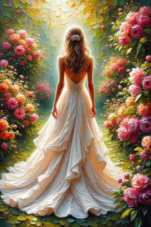 A serene beautiful bride,  stands amidst a lush,  vibrantly colored garden on Tensor.Art