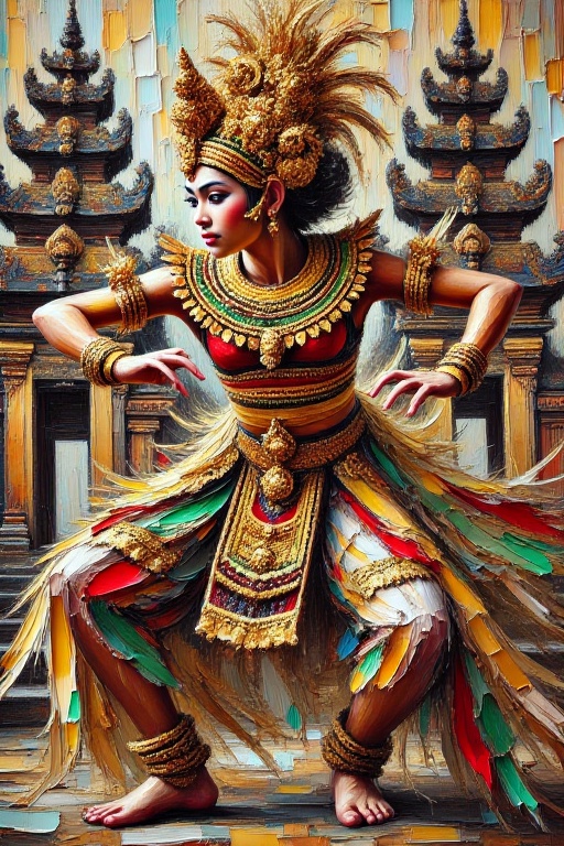 A Balinese dancer mid-performance,  her intricate costume painted with thick,  textured impasto strokes of gold on Tensor.Art