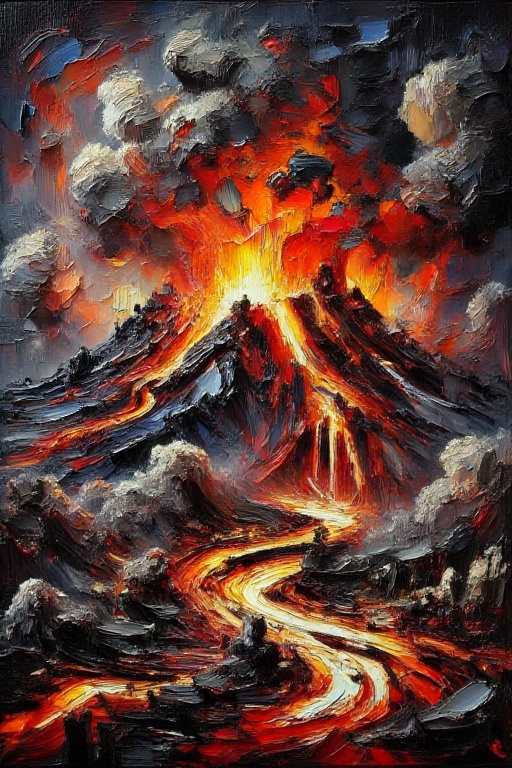 A dramatic,  cinematic shot of a volcano's fiery eruption,  framed by a darkened sky and foregrounded by rugged terrain. T...