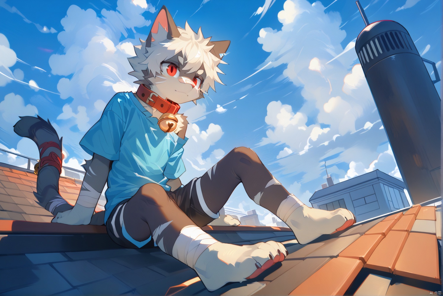 cat boy,1boy,solo,male_focus,(white_hair:0.8),red eyes,[bell on collar,Collar,Cortical collar,Large collar],(blue t-shirt,black_leggings under shorts,black bike_shorts),(barefoot) BREAK dutch angle,vanishing point,sitting on rooftop,(blue sky,cloud,wind),(masterpiece, best quality:1.1),foot focus,bandage on nose,bandage on leg,Tail decoration,cat tail,PVC Style,bare_shoulder,body fur,furry,Akira,anthro