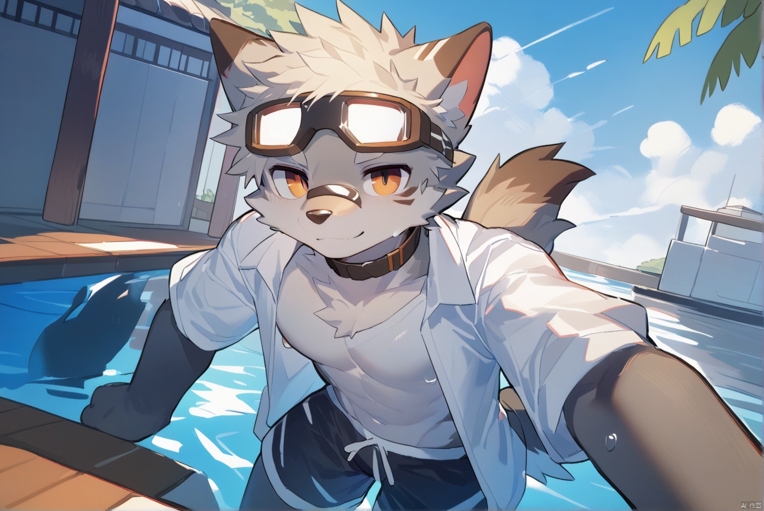 masterpiece,best quality,solo,by milkytiger1145,by littleblackalas,anime style,furry,Wolf,white shirt,open clothing,swimming trunks,swimming goggles, (looking aside:1.2),floating,upper body,selfie,onnk,source_furry,anthro,body fur,Akira