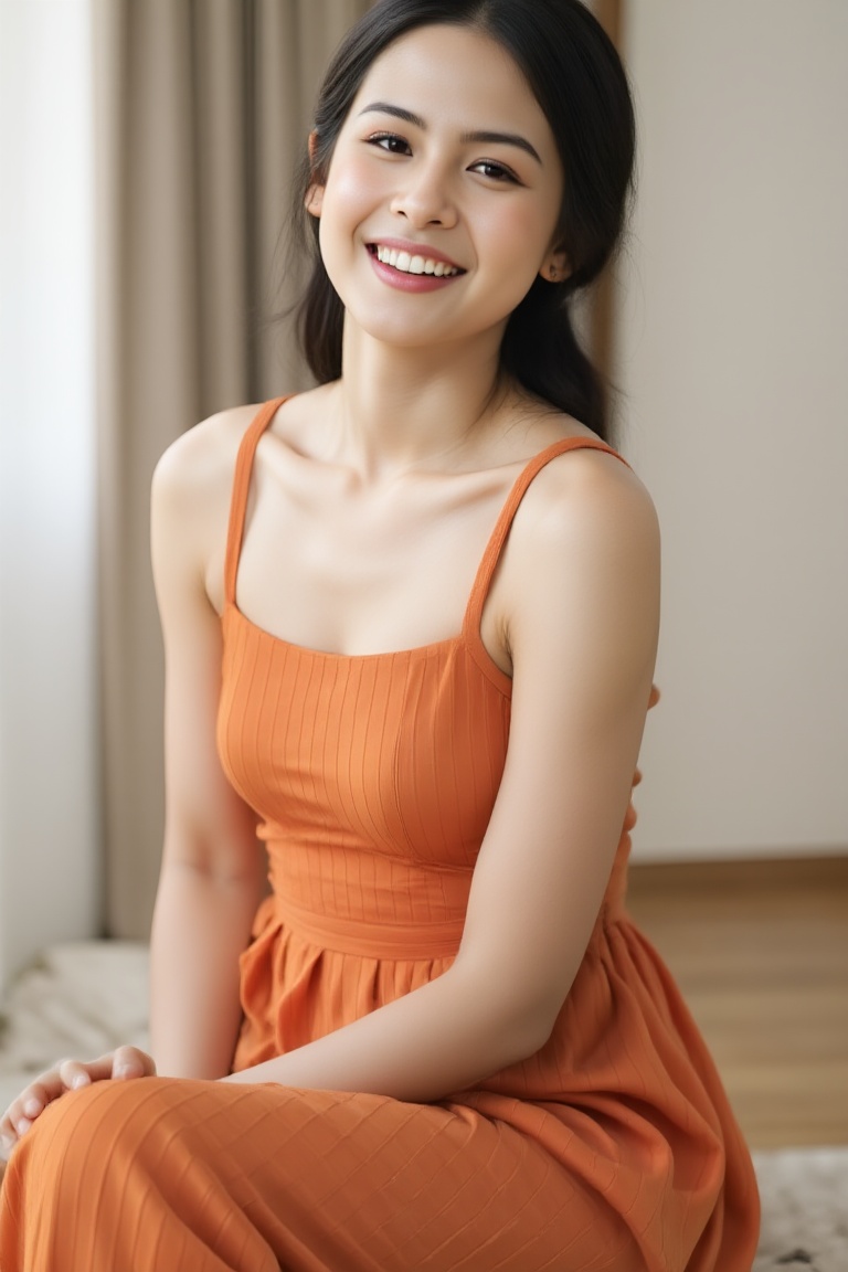 Close-up photo of a woman wearing a sleeveless orange dress,  the fabric flowing smoothly with vibrant,  rich hues. Her ex...