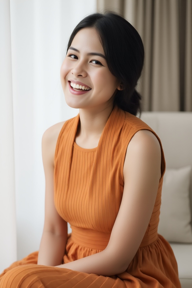 Close-up photo of a woman wearing a sleeveless orange dress,  the fabric flowing smoothly with vibrant,  rich hues. Her ex...