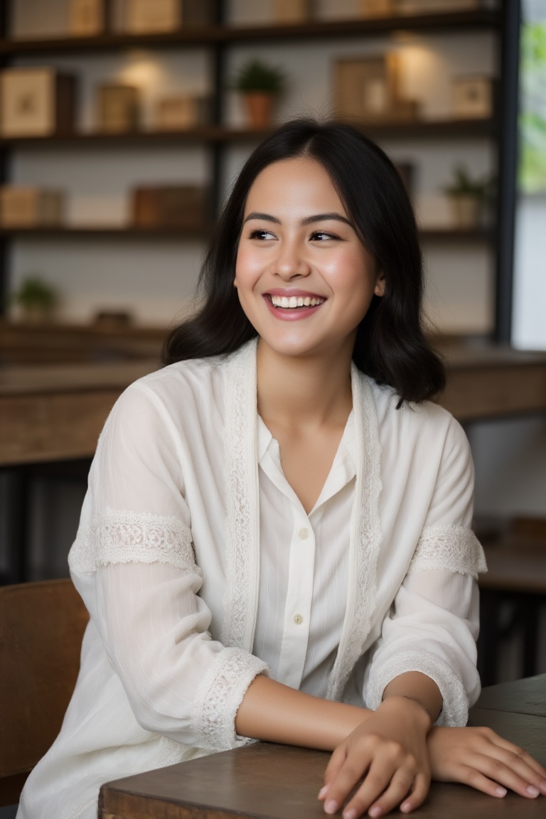 Close-up photo of a woman sitting in a cozy cafe,  wearing a crisp white blouse with delicate detailing on the collar and...
