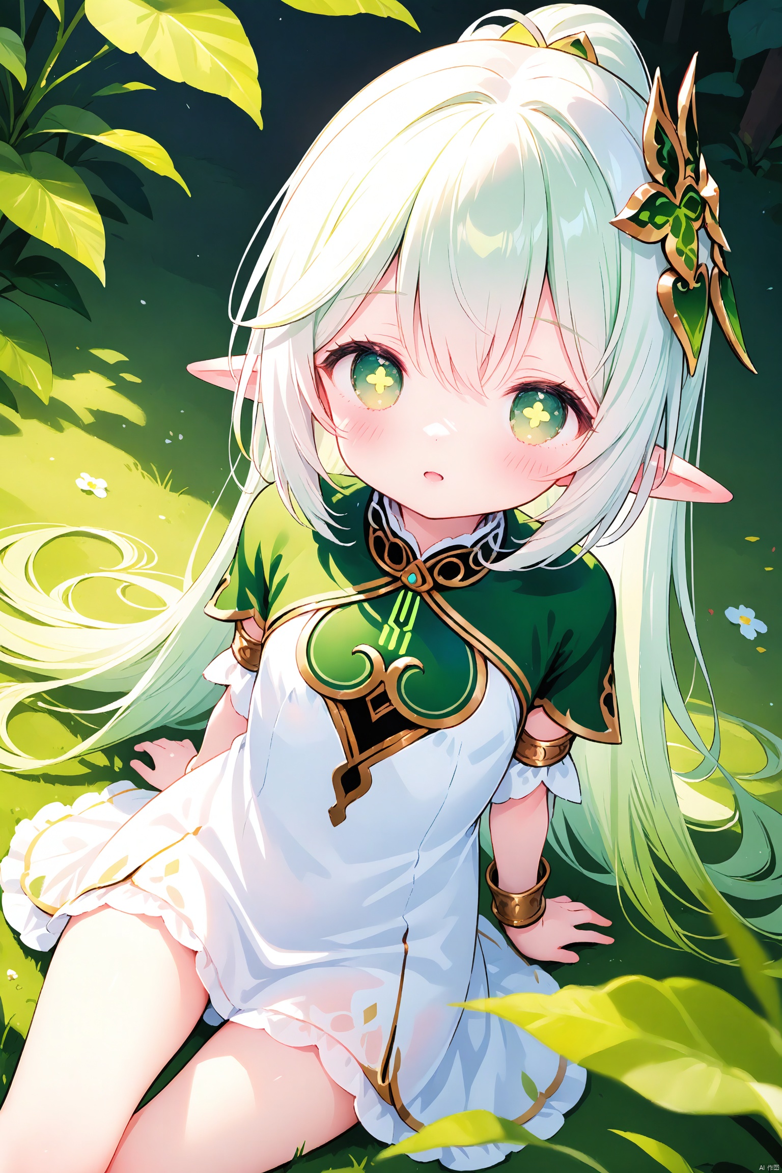 loli,little_girl,petite,elf girl,pointy_ears, small breast, green eyes, symbol-shaped pupils, cross-shaped pupils, white hair, green hair, bangs, hair ornament, gradient hair, side tonytail, dress,