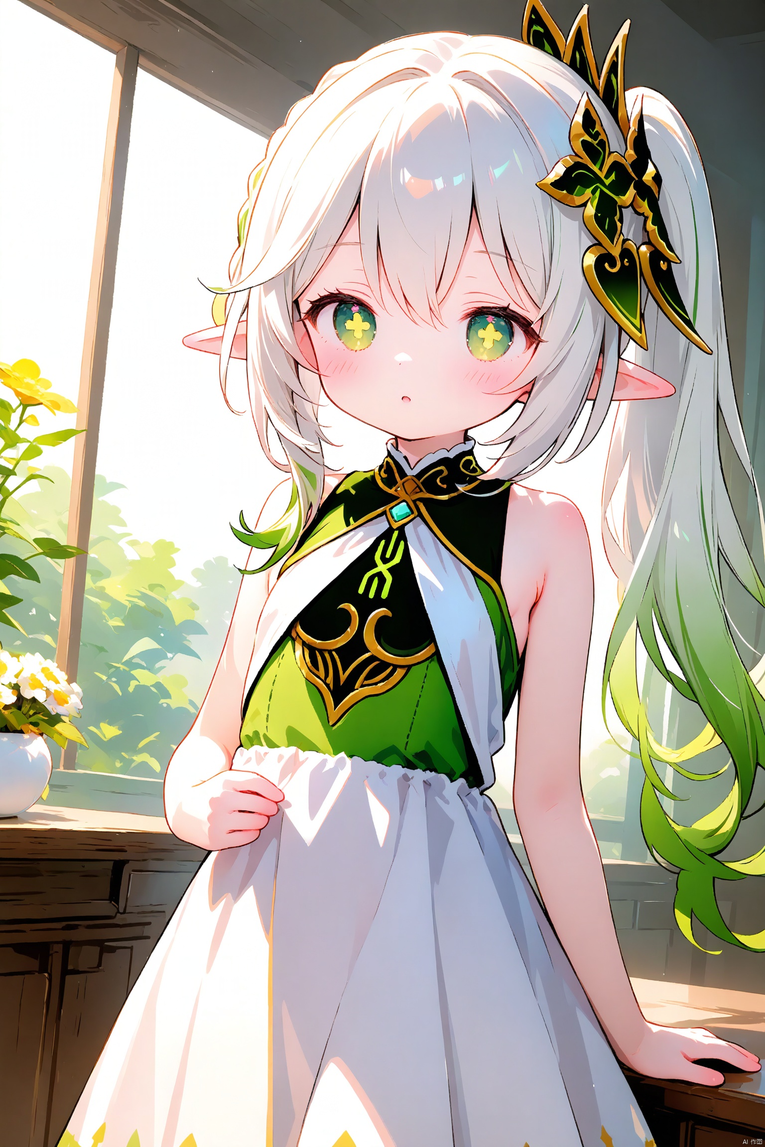 loli,little_girl,petite,elf girl,pointy_ears, small breast, green eyes, symbol-shaped pupils, cross-shaped pupils, white hair, green hair, bangs, hair ornament, gradient hair, side tonytail, dress,
