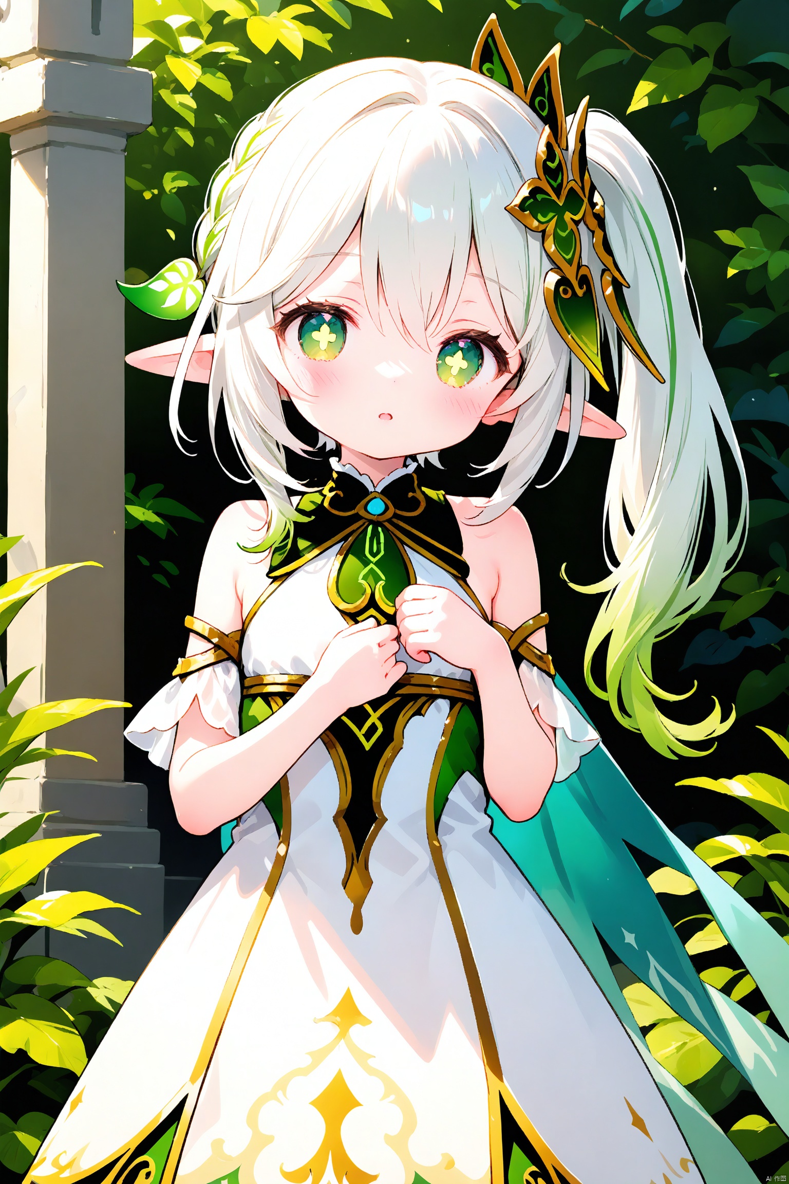 loli,little_girl,petite,elf girl,pointy_ears, small breast, green eyes, symbol-shaped pupils, cross-shaped pupils, white hair, green hair, bangs, hair ornament, gradient hair, side tonytail, dress,