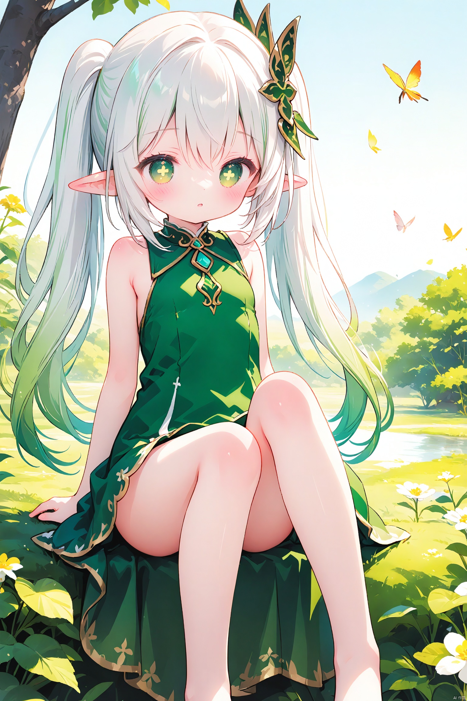 loli,little_girl,petite,elf girl,pointy_ears, small breast, green eyes, symbol-shaped pupils, cross-shaped pupils, white hair, green hair, bangs, hair ornament, gradient hair, side tonytail, dress,