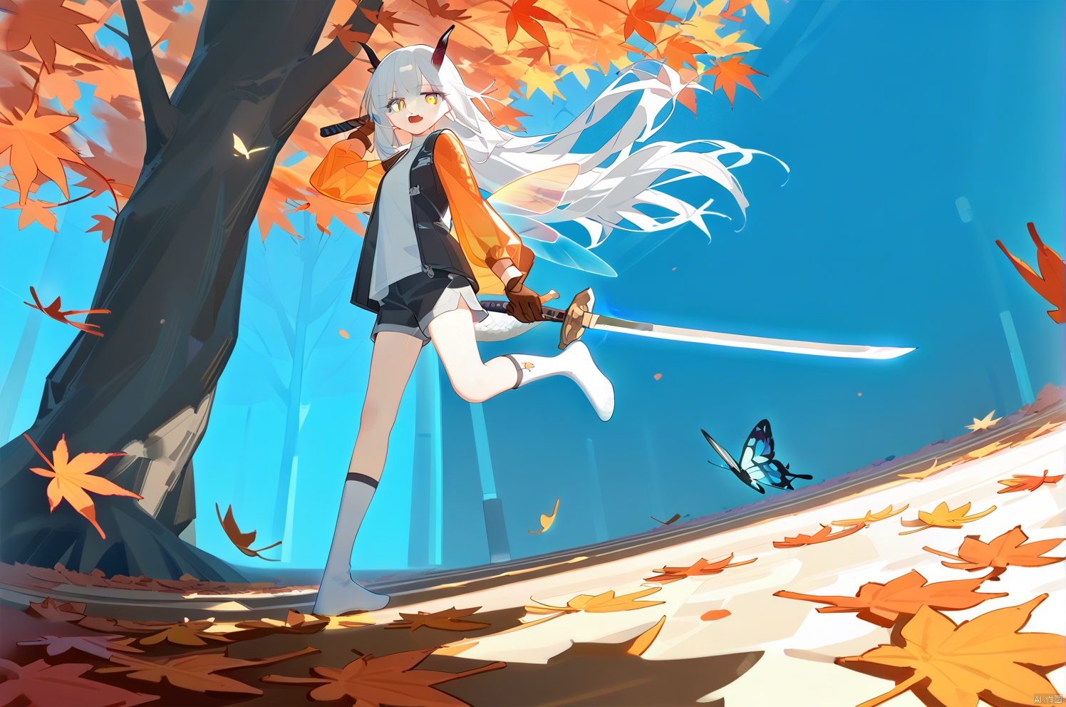 (masterpiece),(best quality),illustration,ultra detailed,hdr,Depth of field,(colorful),artist:wanke,artist:tianliang duohe fangdongye,bright outline,1girl, solo,dragon girl,slit pupils,blue pupils,glowing eyes,horns,long hair, floating hair, white hair, dragon tail, shiny butterfly, glowing butterfly, soft lawn, warm colors, Tyndall effect, Tyndall light, white long shirt, black sleeveless jacket, orange transparent sleeves, transparent Ceiling, fallen leaves, maple leaves, autumn, between two rows of trees there is a road filled with fallen leaves, in the middle of the road there is a beam of light shining on a sword stuck in the ground, sacred, ancient, side shot, wide angle shot, shorts, stepping Foot socks, hanging,transparent,transparent wings,Leather gloves, sharp teeth, mouth drool, clear glass strips, ancient wooden swords engraved with golden runes, foot socks, light gray foot socks, the bottom of the foot socks fades to black,bichu
