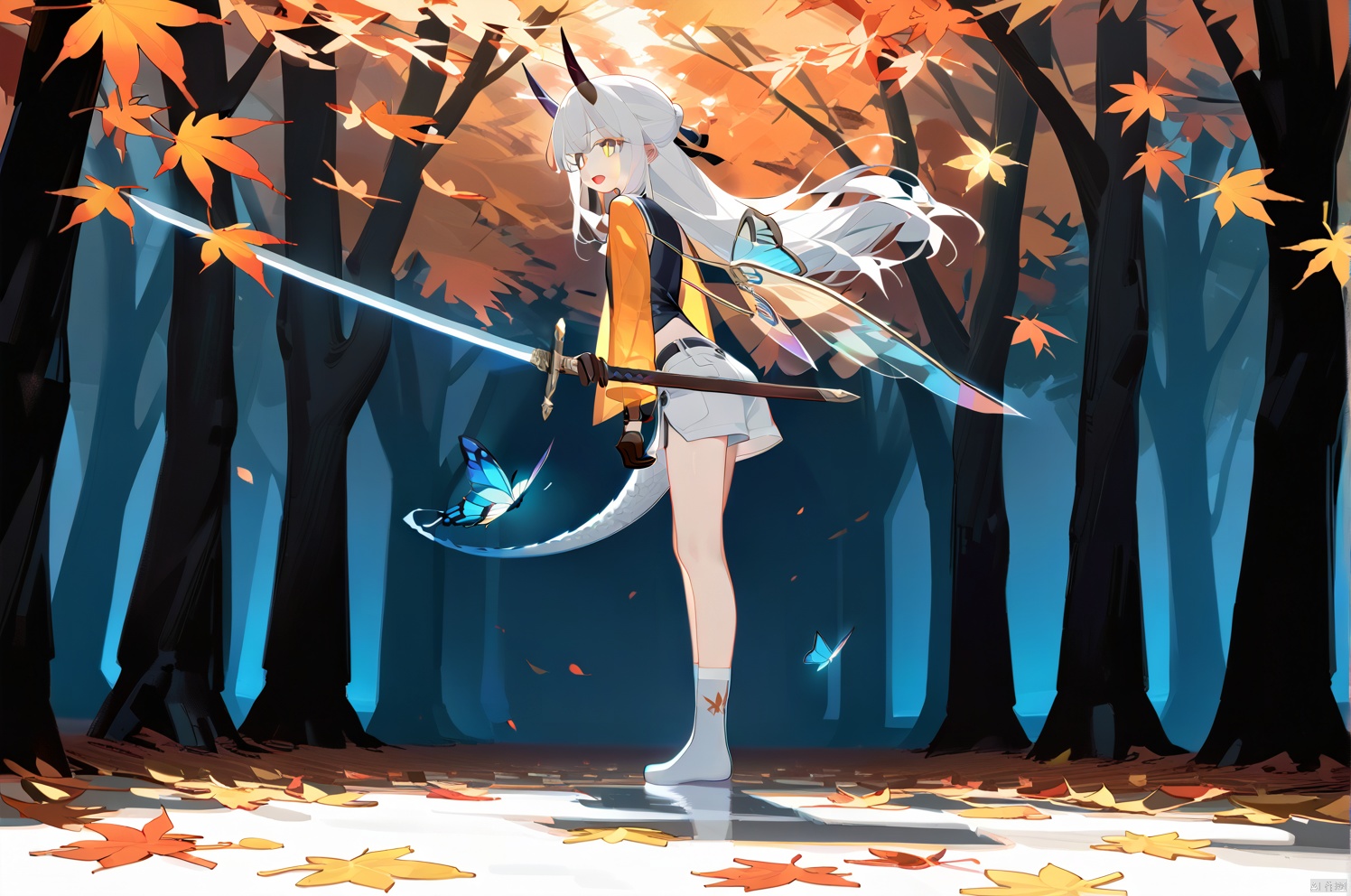 (masterpiece),(best quality),illustration,ultra detailed,hdr,Depth of field,(colorful),artist:wanke,artist:tianliang duohe fangdongye,bright outline,1girl, solo,dragon girl,slit pupils,blue pupils,glowing eyes,horns,long hair, floating hair, white hair, dragon tail, shiny butterfly, glowing butterfly, soft lawn, warm colors, Tyndall effect, Tyndall light, white long shirt, black sleeveless jacket, orange transparent sleeves, transparent Ceiling, fallen leaves, maple leaves, autumn, between two rows of trees there is a road filled with fallen leaves, in the middle of the road there is a beam of light shining on a sword stuck in the ground, sacred, ancient, side shot, wide angle shot, shorts, stepping Foot socks, hanging,transparent,transparent wings,Leather gloves, sharp teeth, mouth drool, clear glass strips, ancient wooden swords engraved with golden runes, foot socks, light gray foot socks, the bottom of the foot socks fades to black,bichu