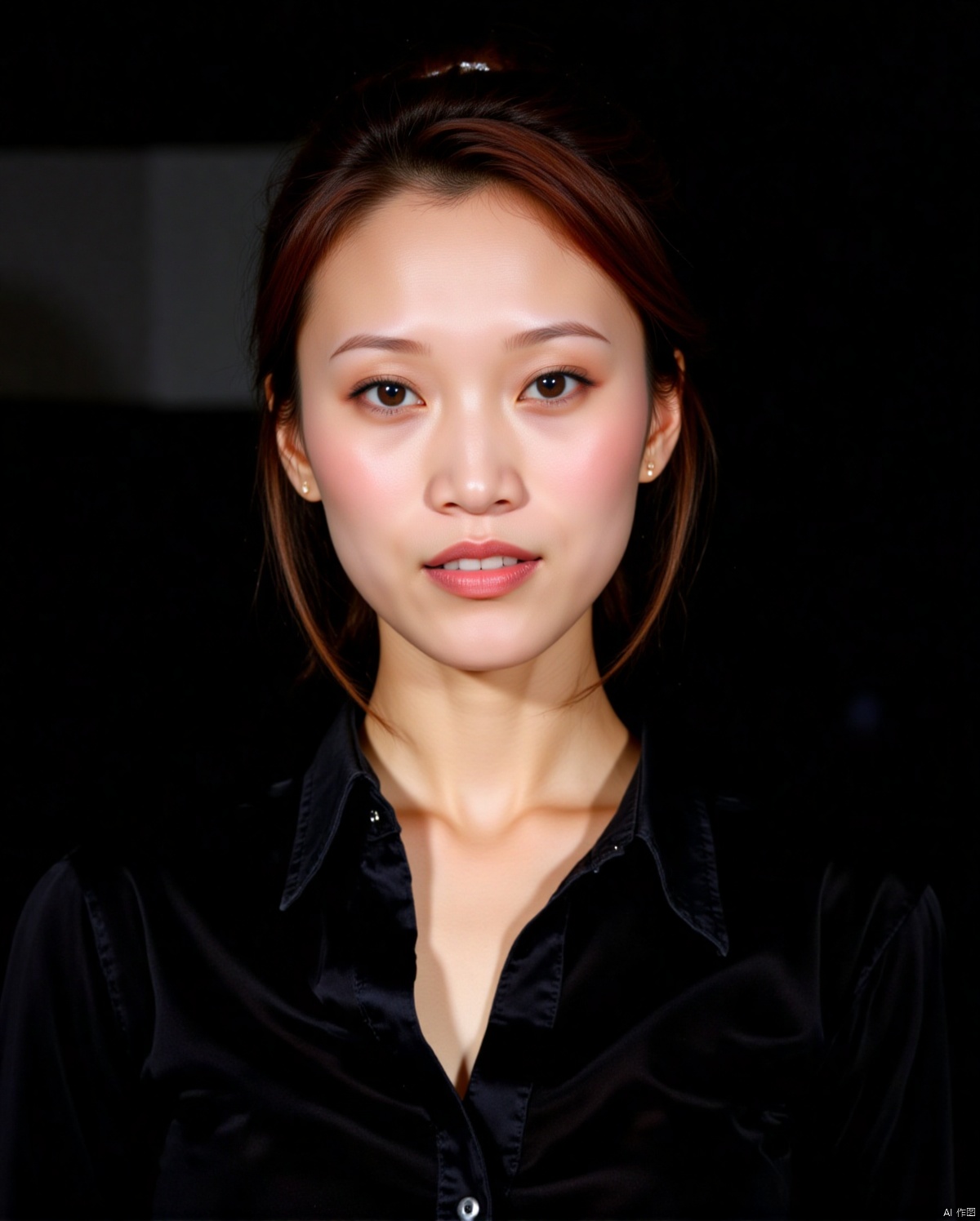 35mm film, one pretty girl, solo, updo, prefect face, makeup, big tits, cleavage, black shirt, looking at viewer, bright lights, softbox lighting, upper body, epiCPhoto,
