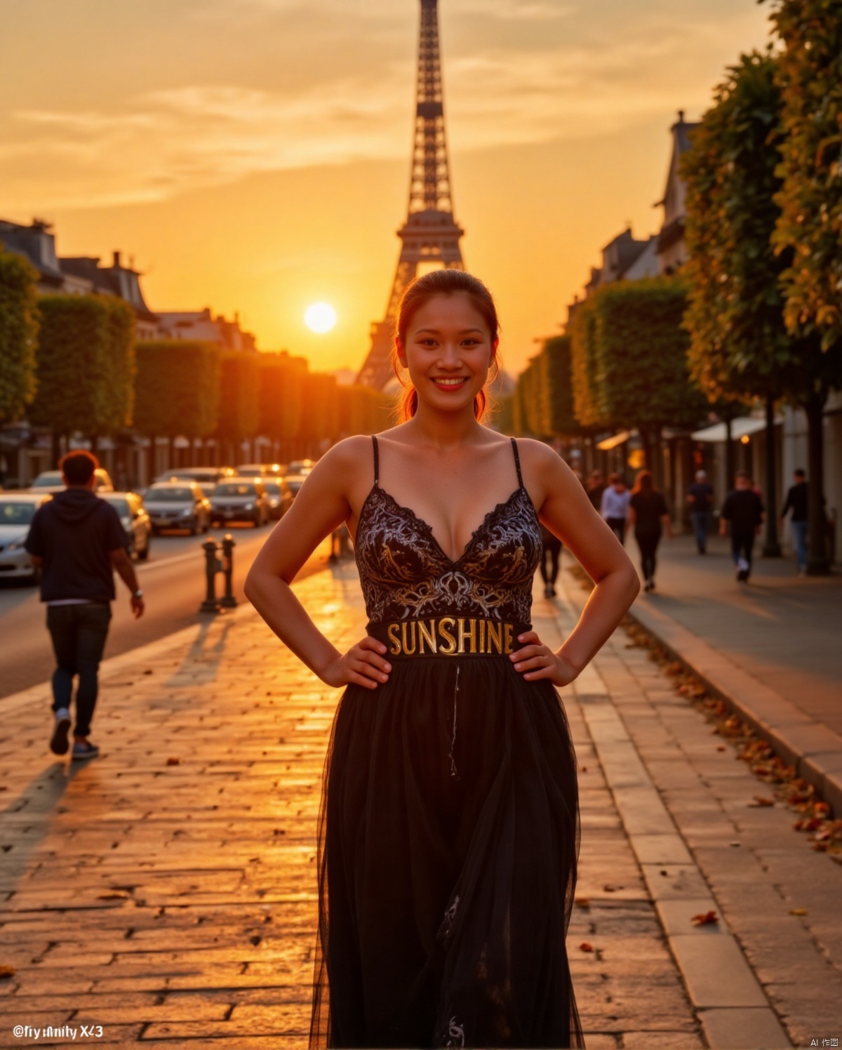 Here is a prompt for creating an exquisitely detailed image based on your description: A cinematic shot taken on the iconic Champs Elysées in Paris at dusk in autumn, as the sun dips below the horizon casting a warm glow (film grain: 1.2). A stunning Chinese woman, wearing a strapless low-cut long dress with intricate details and natural skin texture, stands out against the majestic Eiffel Tower's backdrop. Her radiant smile illuminates her deep cleavage, highlighting her plump breasts, as she proudly displays the bust of her dress featuring bold golden letters 'SUNSHINE'. The fallen leaves on the ground glisten with a warm golden light, reflecting the vibrant colors of the setting sun. Captured using Fujifilm XT3, in 4K resolution, this unity 8k wallpaper boasts ultra-detailed skin texture and finely detailed facial features, showcasing an exquisitely realistic masterpiece.